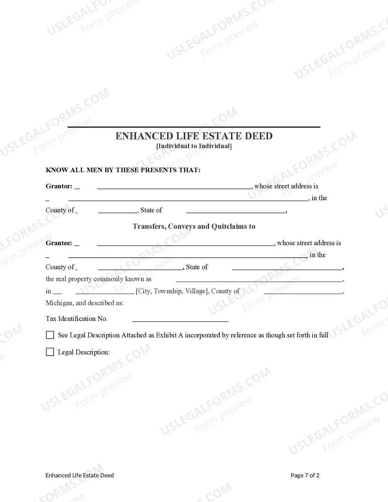 Preview Enhanced Life Estate or Lady Bird Deed - Individual to Individual