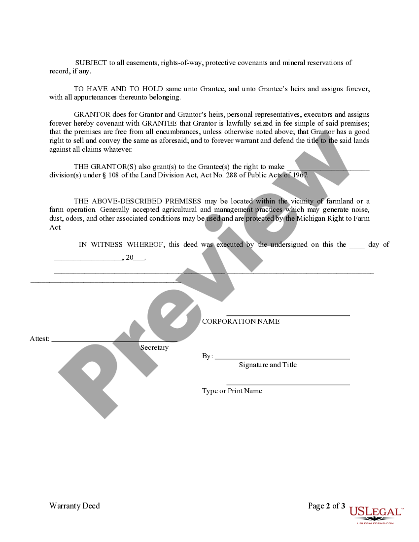 Michigan Warranty Deed from Corporation to Individual Michigan
