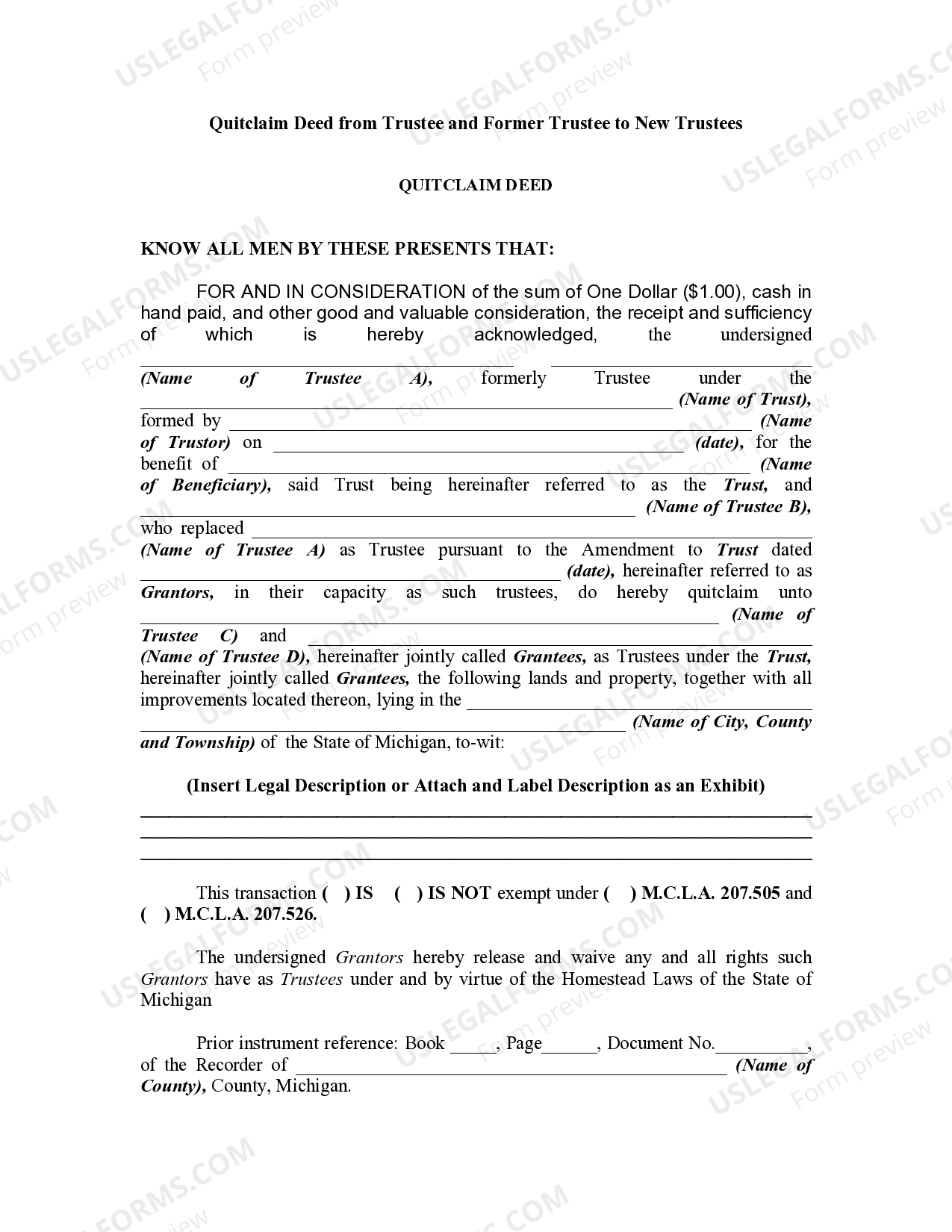 Michigan Quitclaim Deed from Trustee and Former Trustee to New Trustees ...