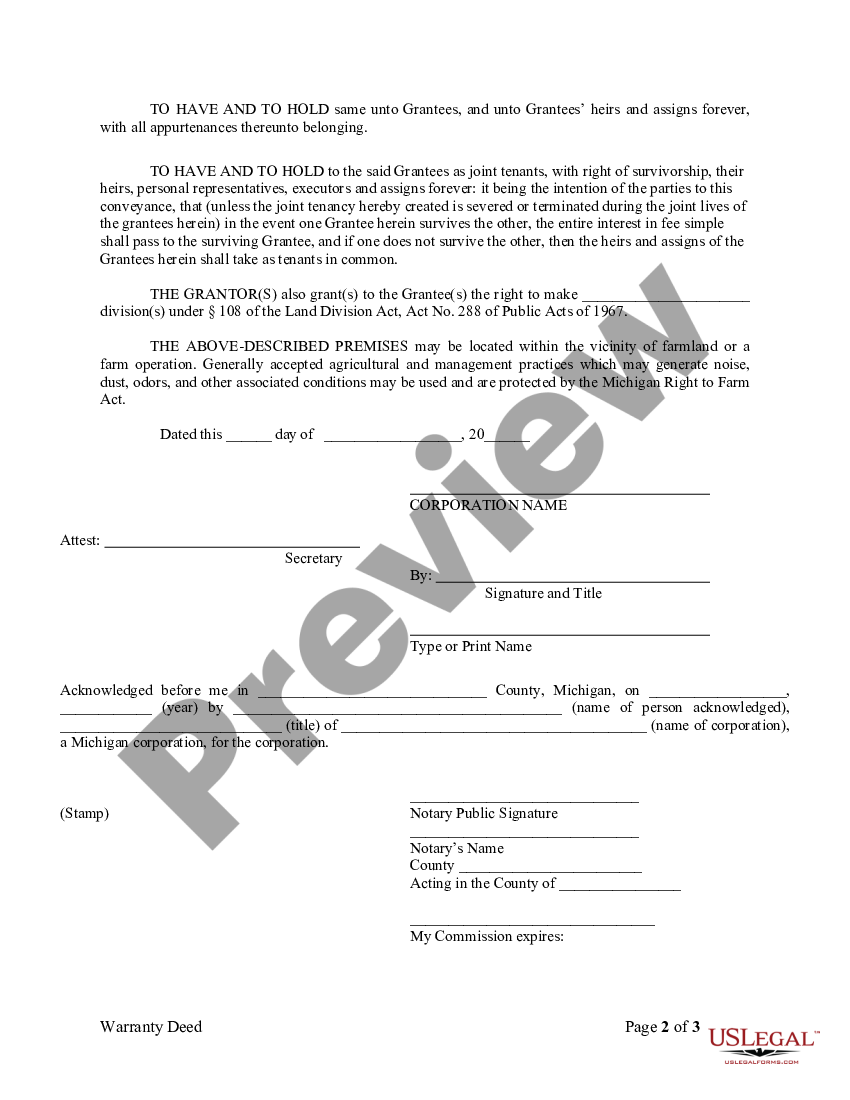 Michigan Warranty Deed From Corporation To Two Individuals Us Legal Forms 1638