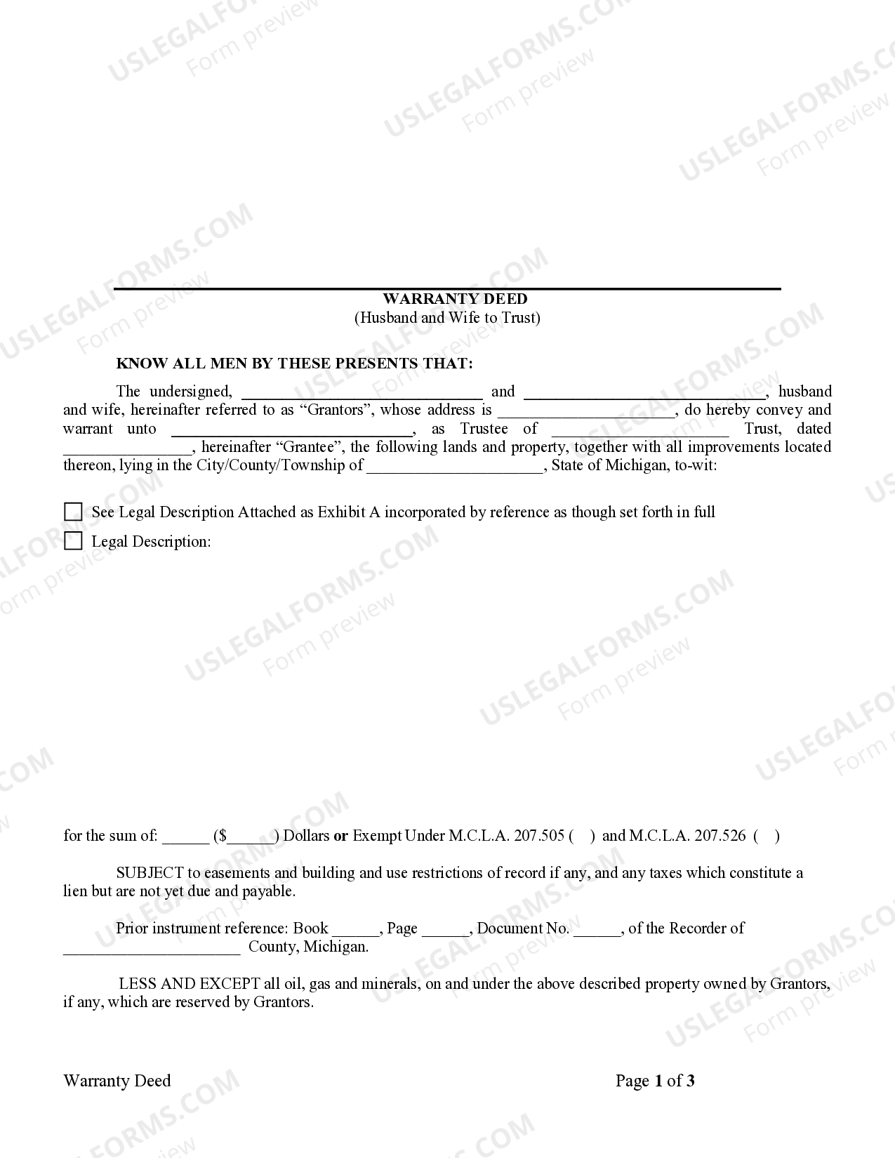 Michigan Warranty Deed from Husband and Wife to a Trust Warranty Deed