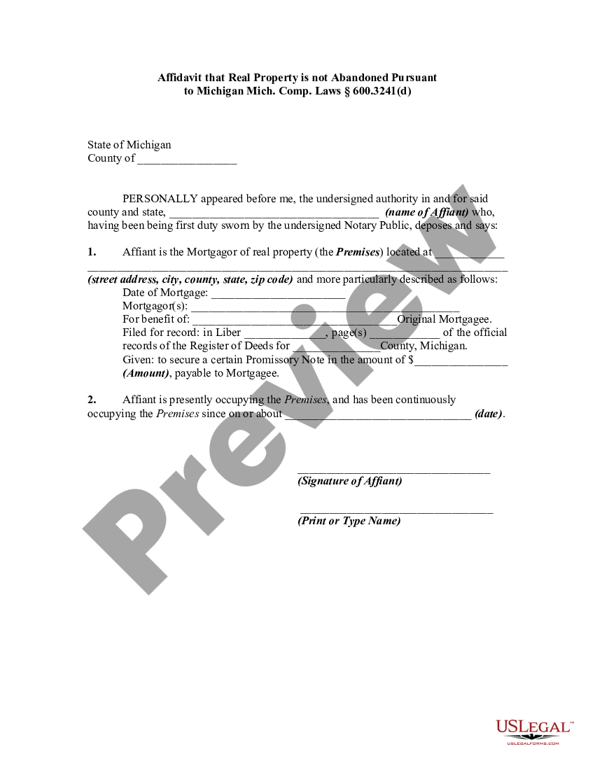 Grand Rapids Affidavit That Real Property Is Not Abandoned Pursuant To 