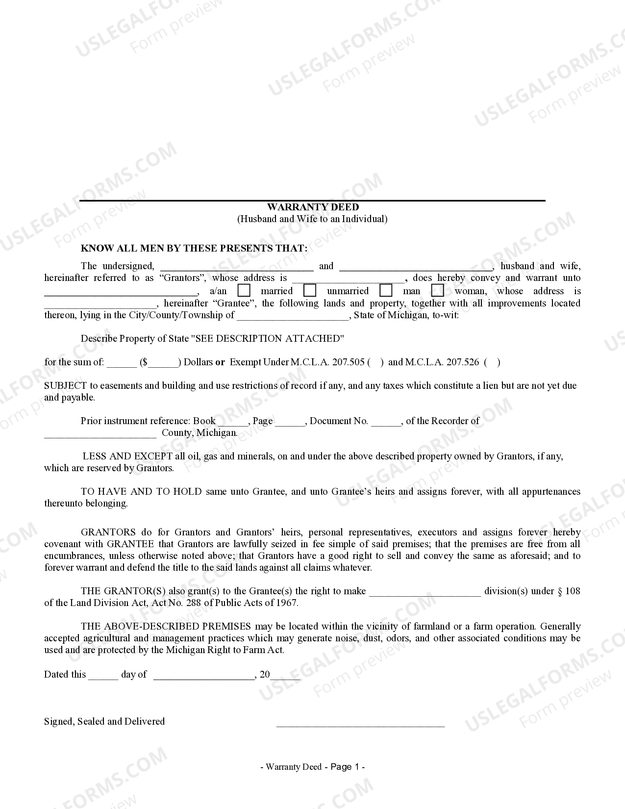 Michigan Warranty Deed from Husband and Wife to an Individual General