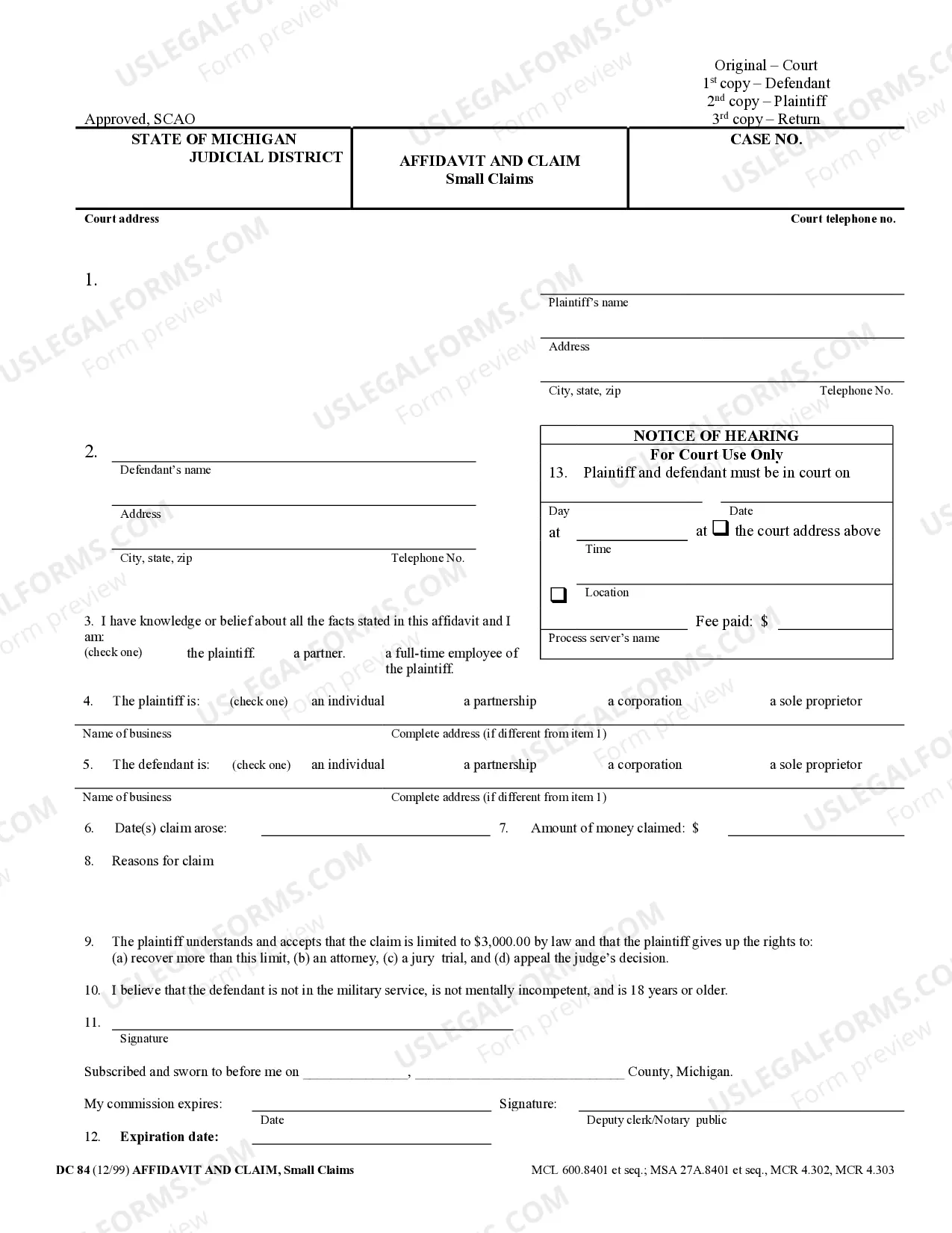 Preview Affidavit and Claim
