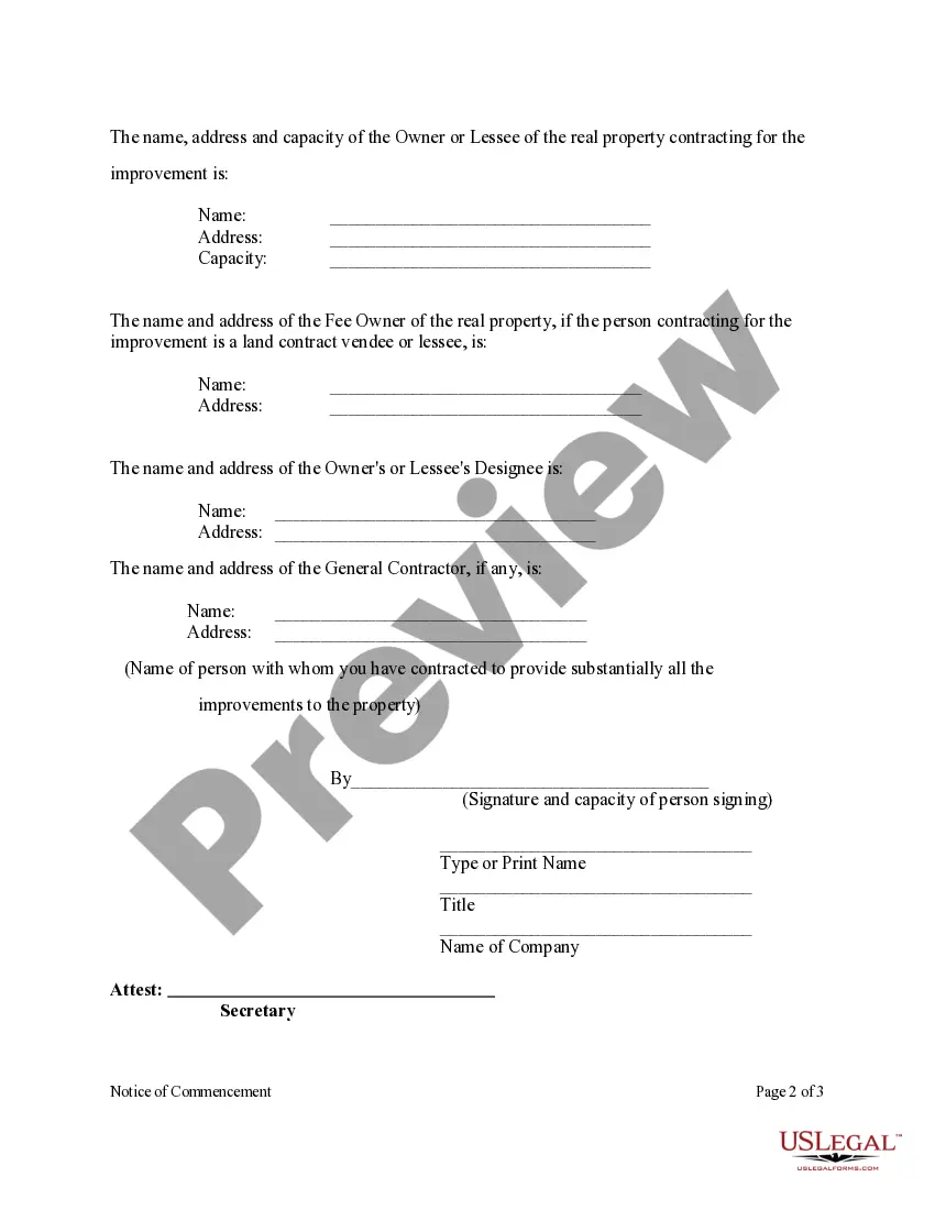 Get Notice of Commencement - Corporation Preview Notice of Commencement - Corporation