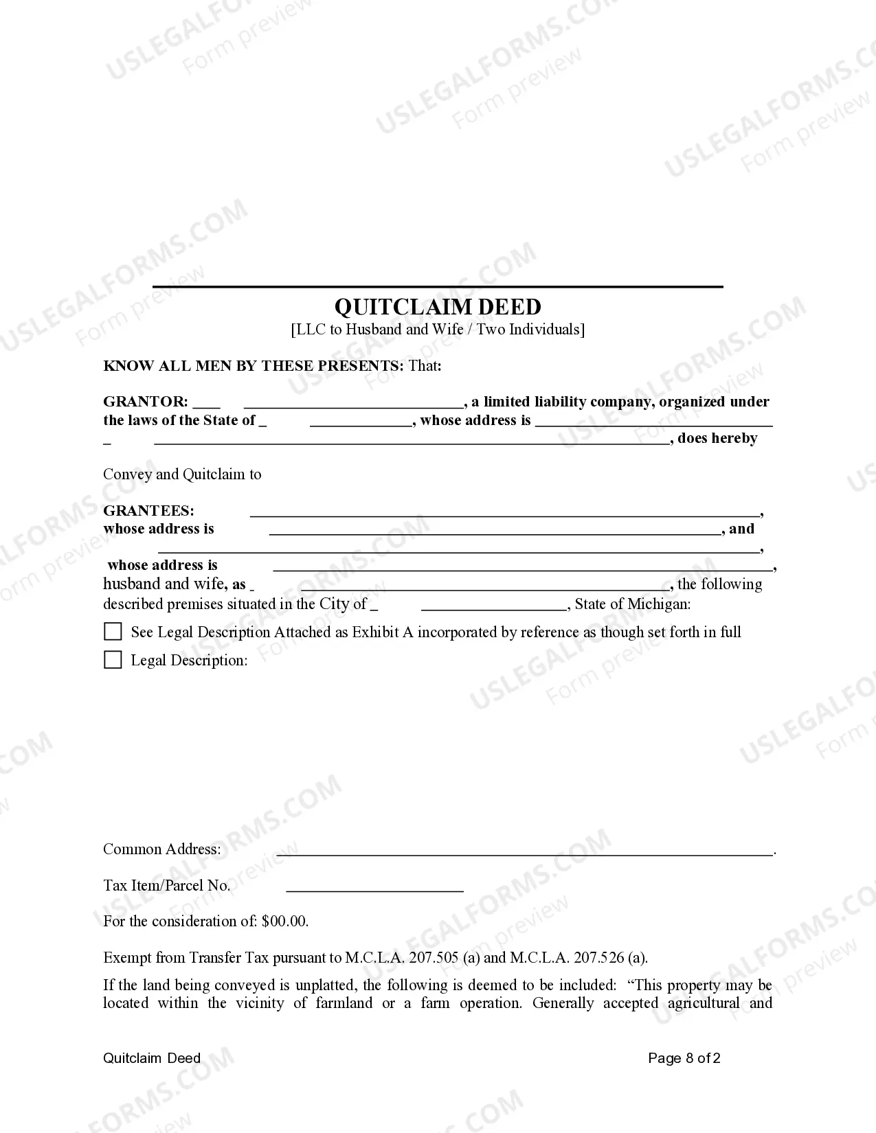 Preview Quitclaim Deed from Husband and Wife or Two Individuals to Limited Liability Company