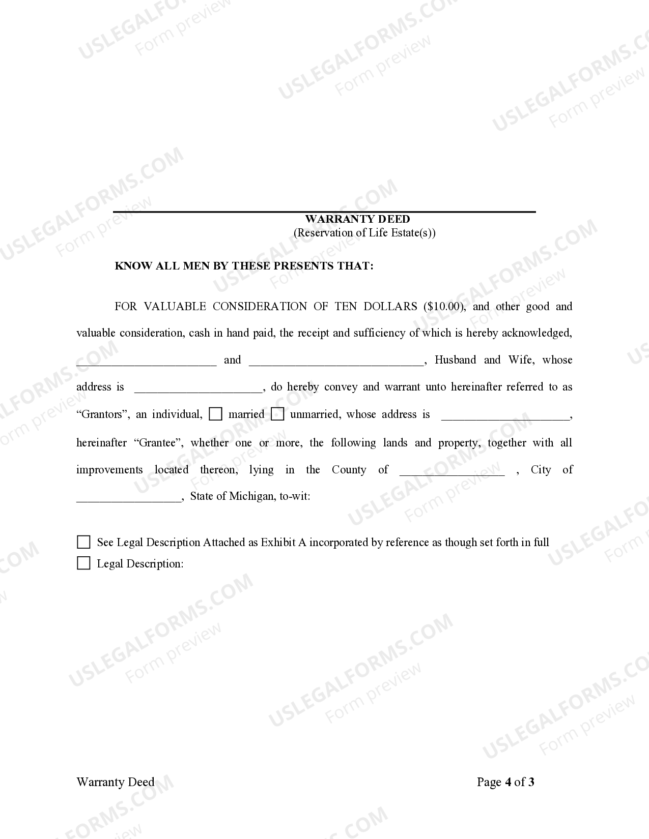 Michigan Warranty Deed to Child Reserving a Life Estate in the Parents