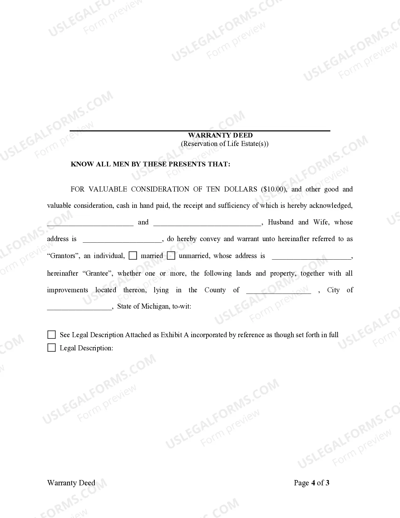 Preview Warranty Deed to Child Reserving a Life Estate in the Parents