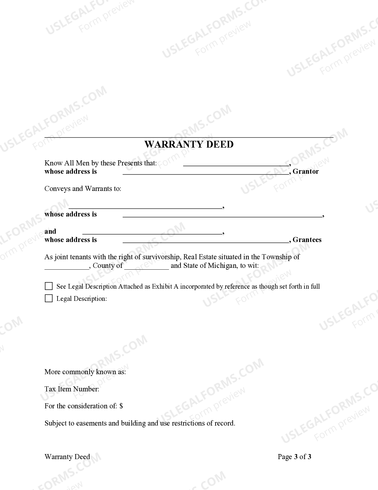 Lansing Michigan Warranty Deed One Individual to Two Individuals US