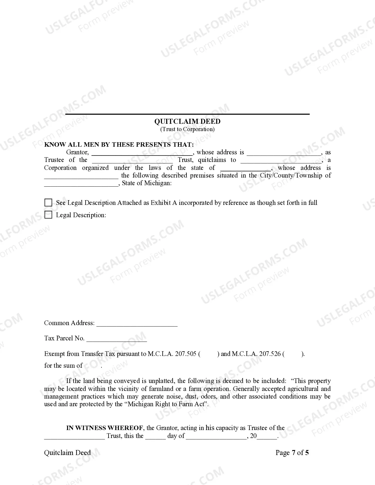 Preview Quitclaim Deed - Trust to a Corporation