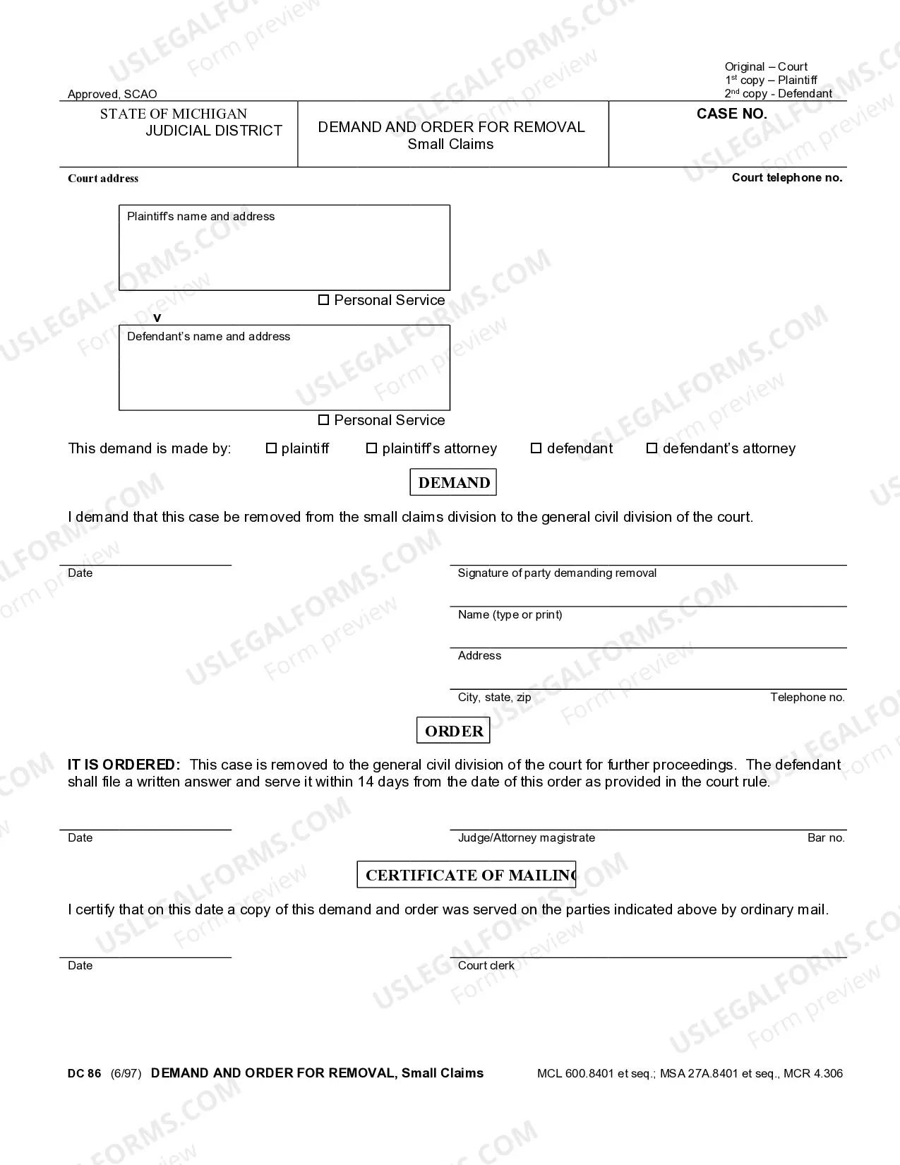 Preview Demand and Order for Removal