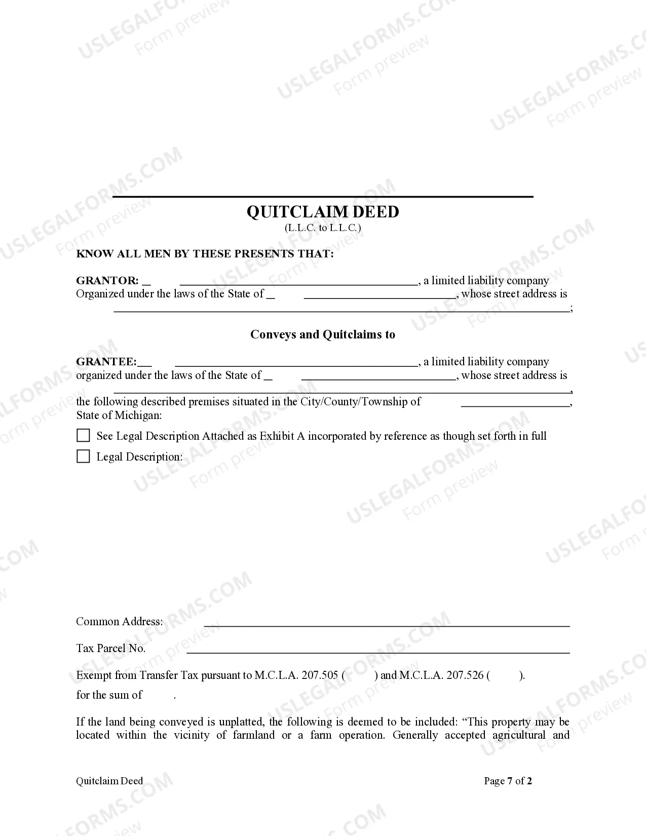 Preview Quitclaim Deed - Limited Liability Company to Limited Liability Company