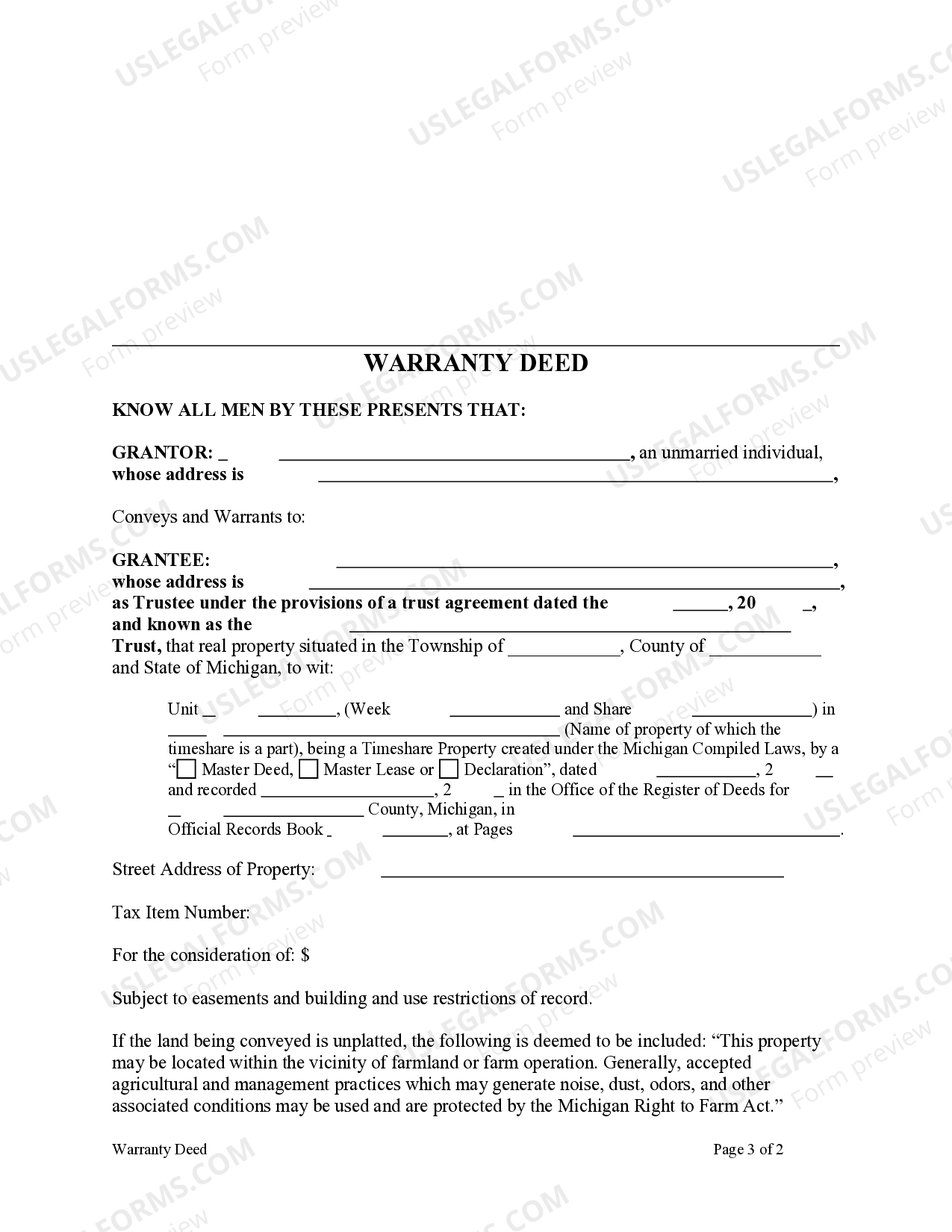 Michigan Warranty Deed for a Time Share from an Individual to a Trust