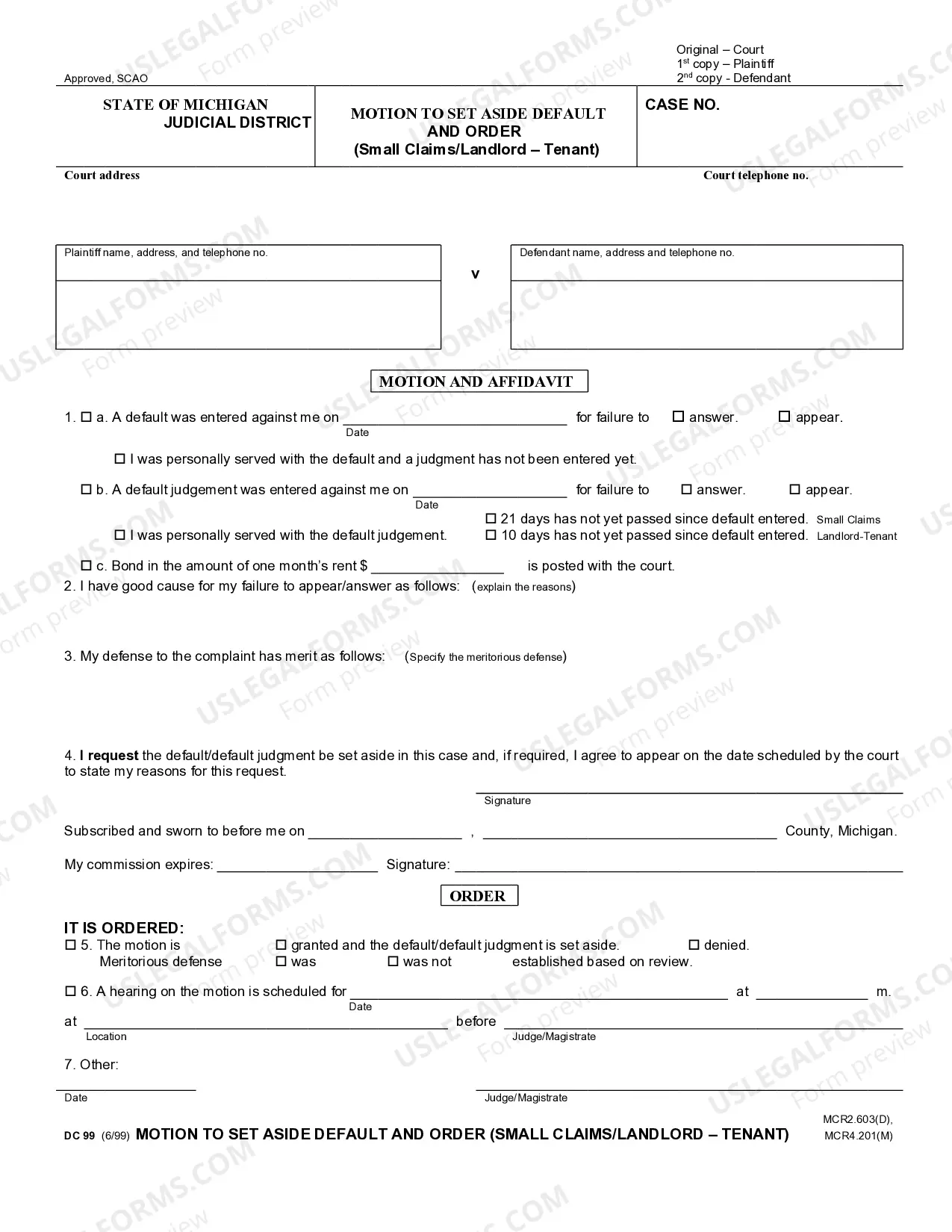 Preview Motion and Affidavit to Set Aside Default - Civil