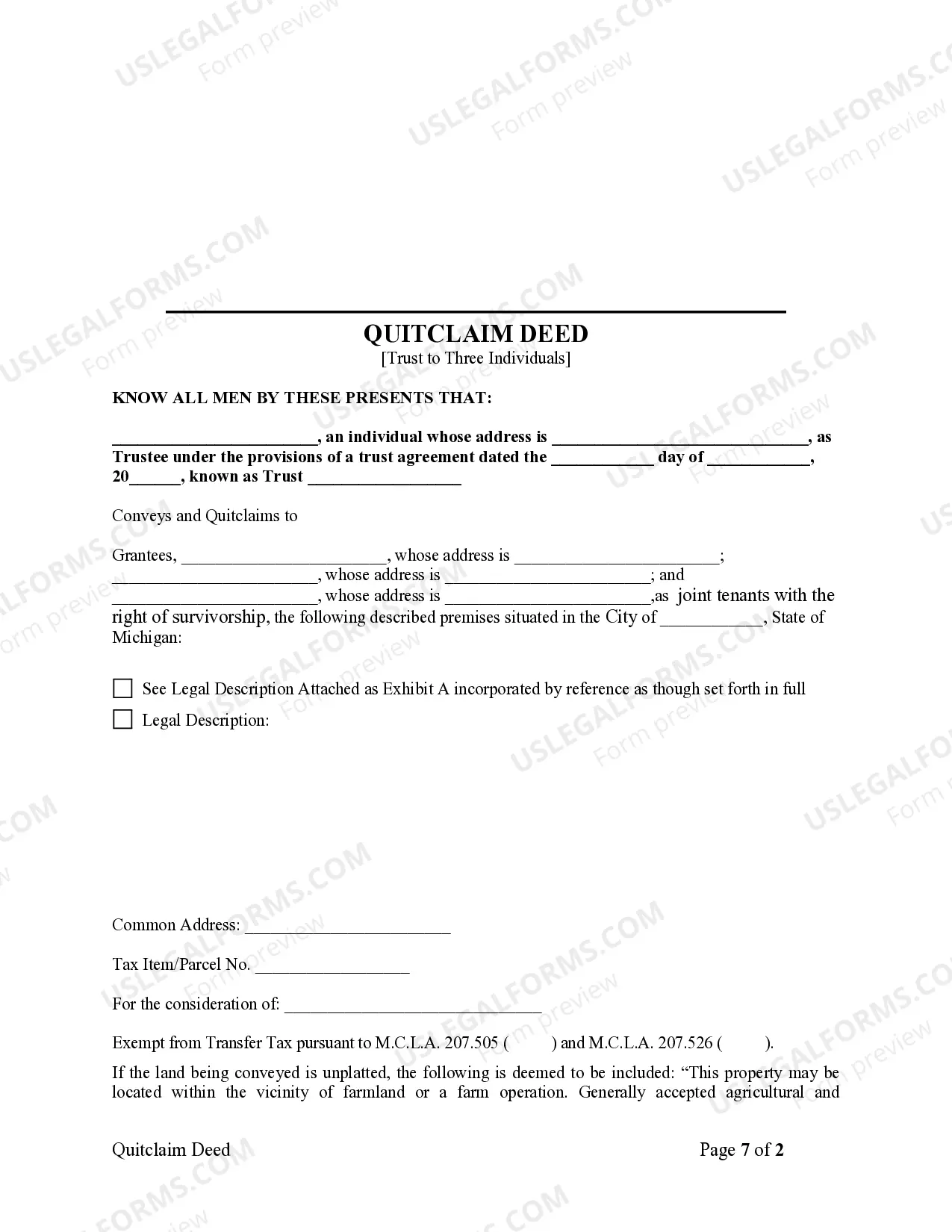 Preview Quitclaim Deed - Trust to Three Individuals