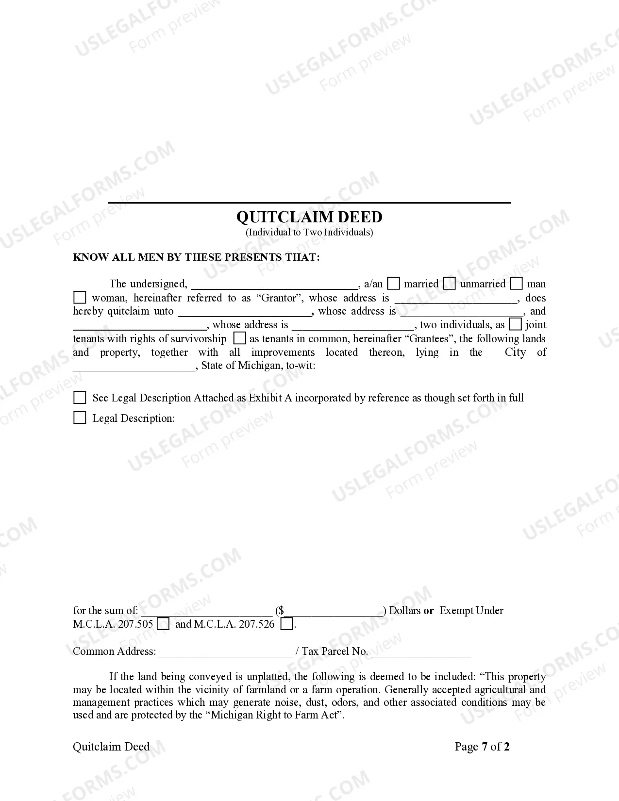 Preview Quitclaim Deed from Individual to Two Individuals in Joint Tenancy