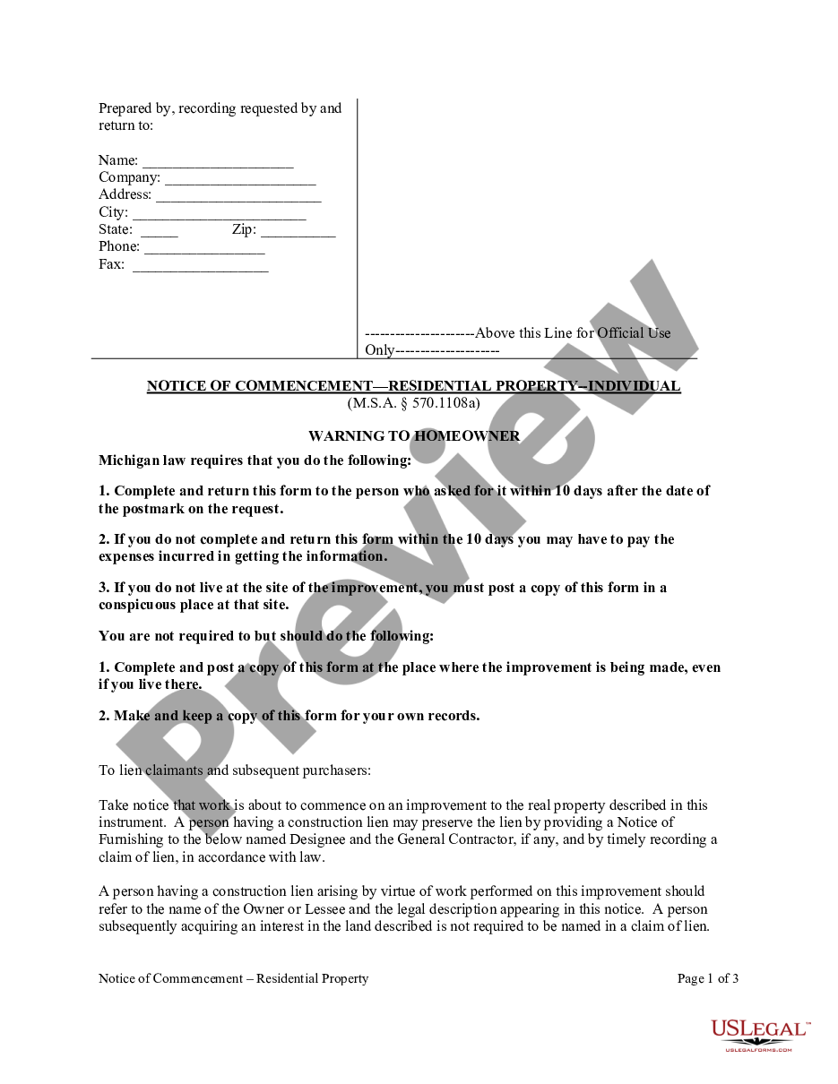 page 0 Notice of Commencement - Residential Property - Individual preview