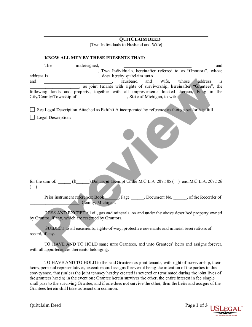 Michigan Quitclaim Deed by Two Individuals to Husband and Wife ...