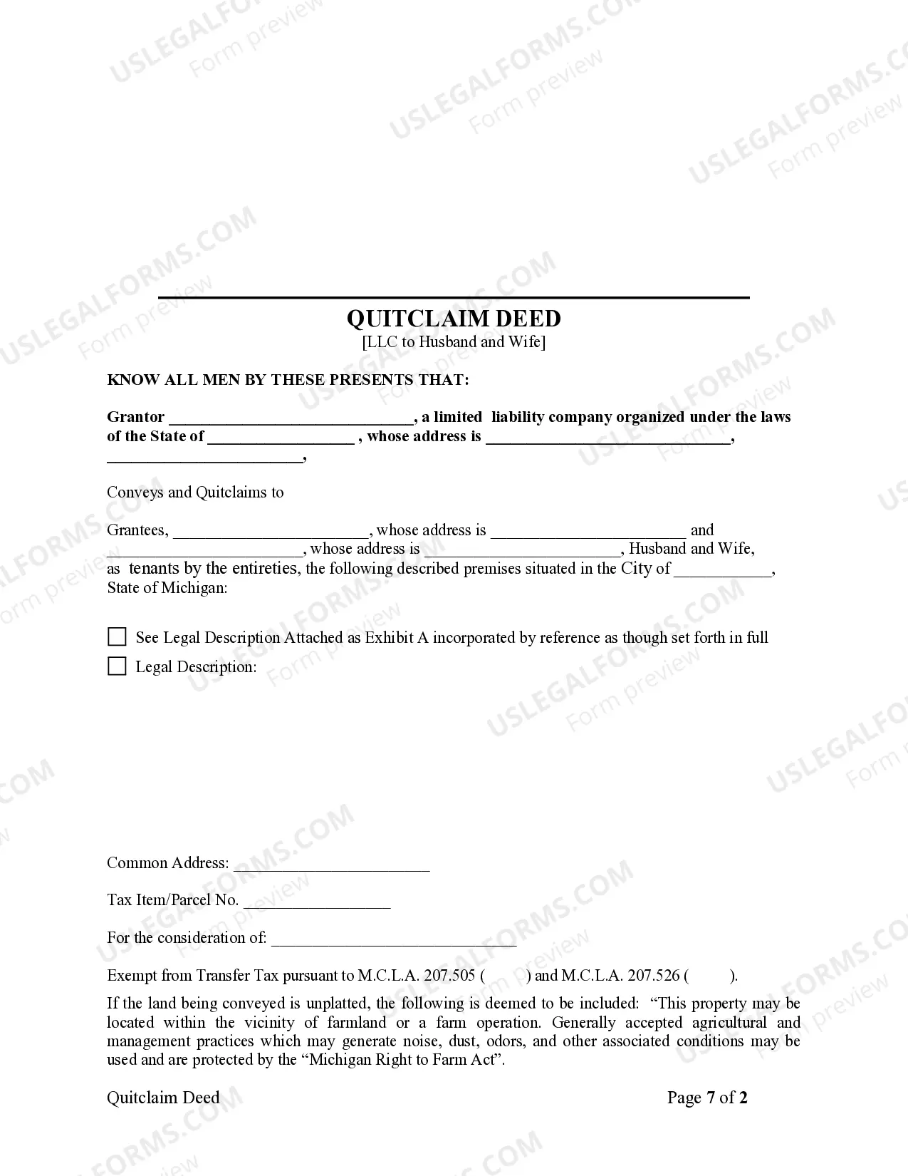 Preview Quitclaim Deed from Limited Liability Company as Grantor and Husband and Wife as Grantees