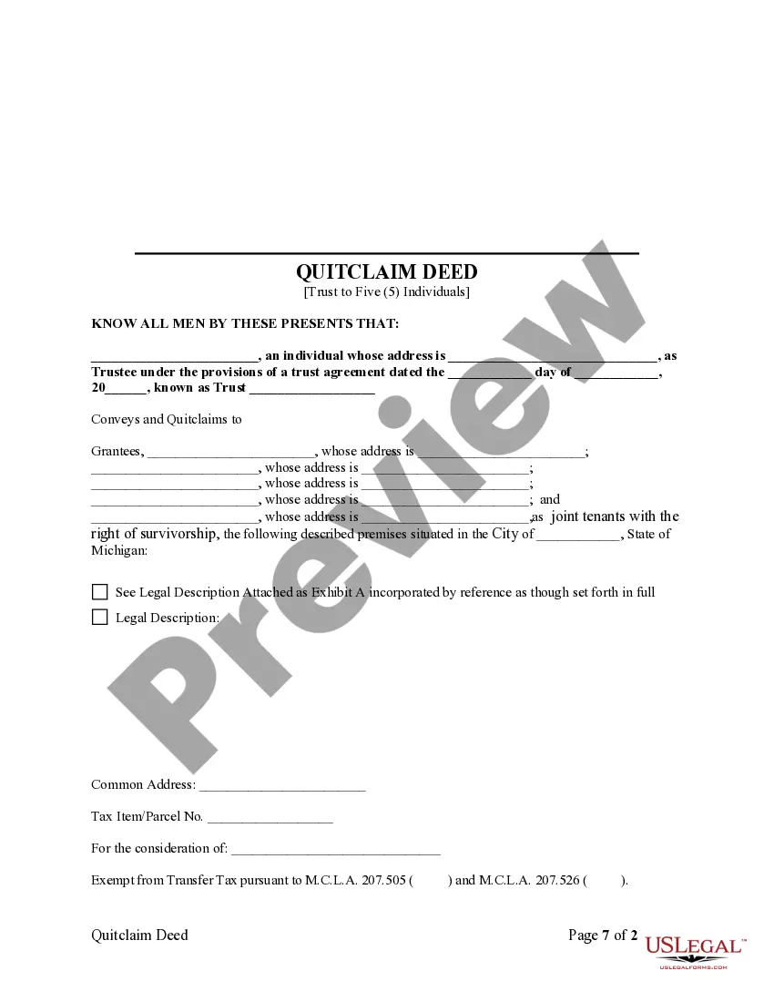 Preview Quitclaim Deed from Grantor Trust to Five Individual Grantees