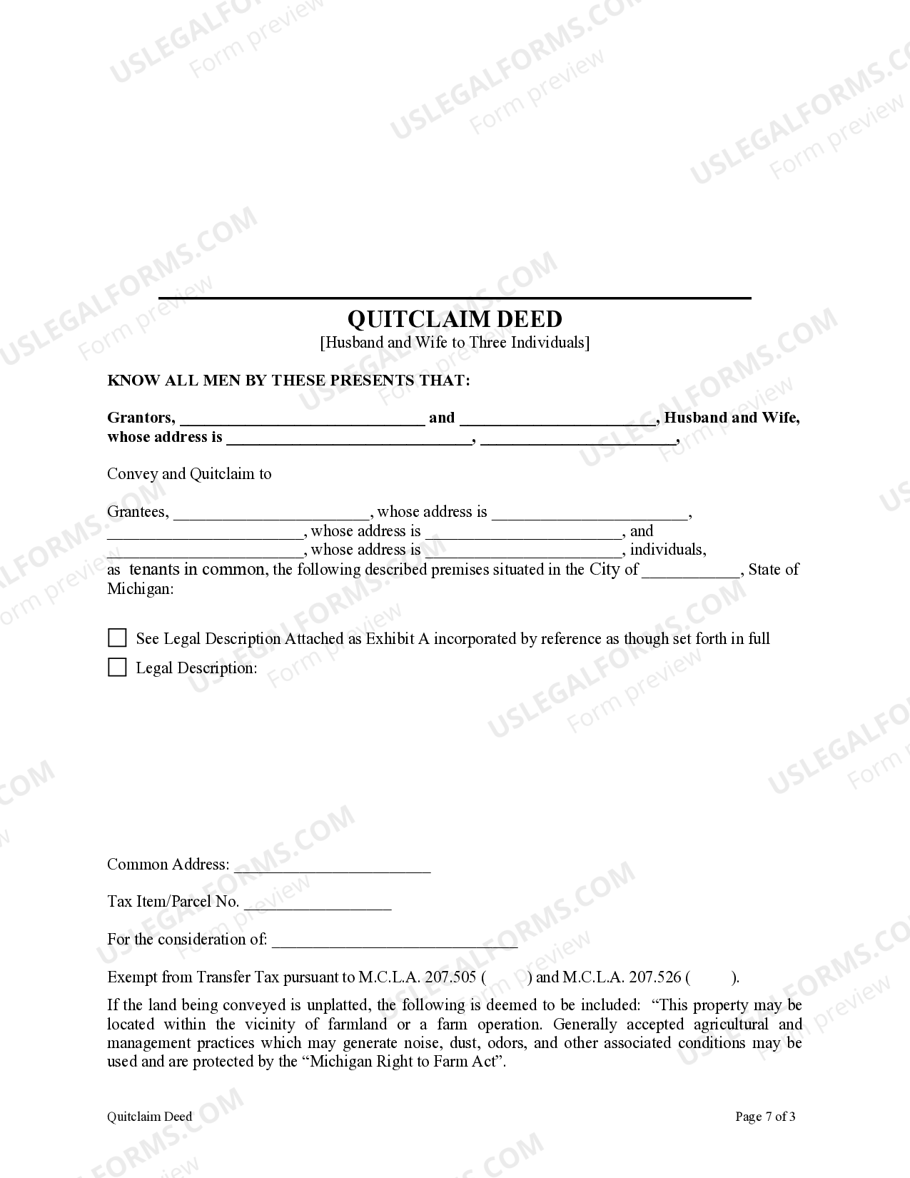 Michigan Quitclaim Deed - Husband and Wife to Three Individuals | US ...
