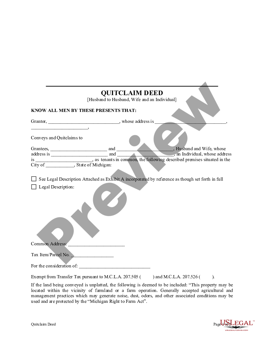 Michigan Quitclaim Deed From Husband Or Individual To Husband Wife And An Individual Us