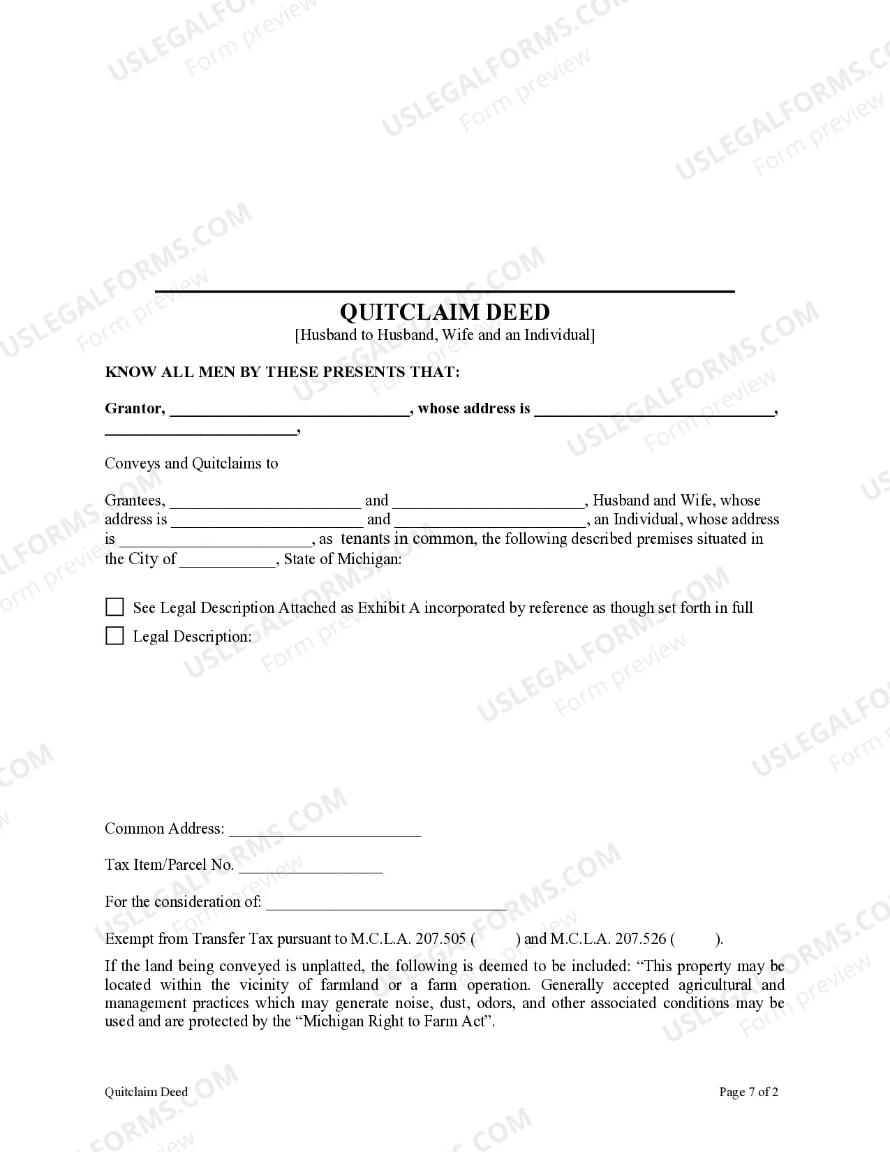 Preview Quitclaim Deed from Husband, or Individual, to Husband, Wife and an Individual