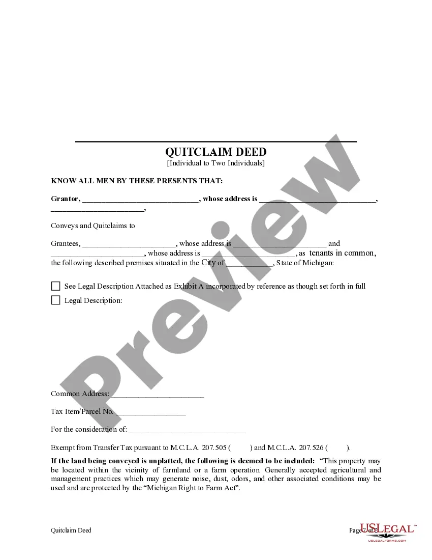 Preview Quitclaim Deed from Individual Grantor to Two Individual Grantees