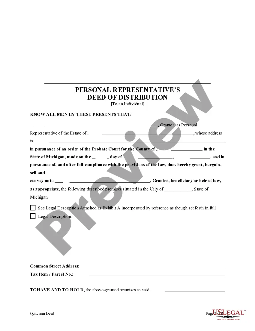 Get Personal Representative's Deed of Distribution to an Individual Preview Personal Representative's Deed of Distribution to an Individual