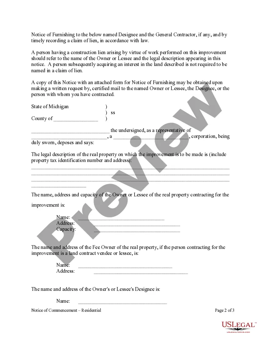 Preview Notice of Commencement - Residential Property by Corporation or LLC