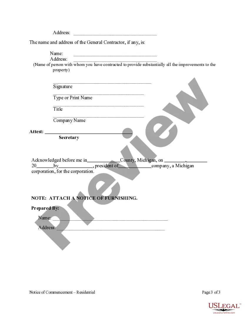 Preview Notice of Commencement - Residential Property by Corporation or LLC