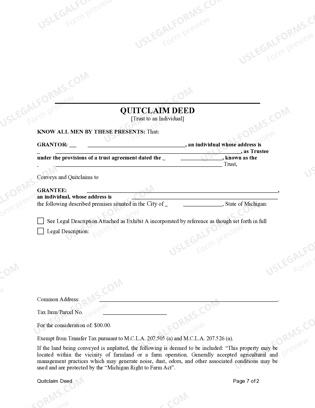 Michigan Quitclaim Deed from Trust to an Individual Quitclaim Deed