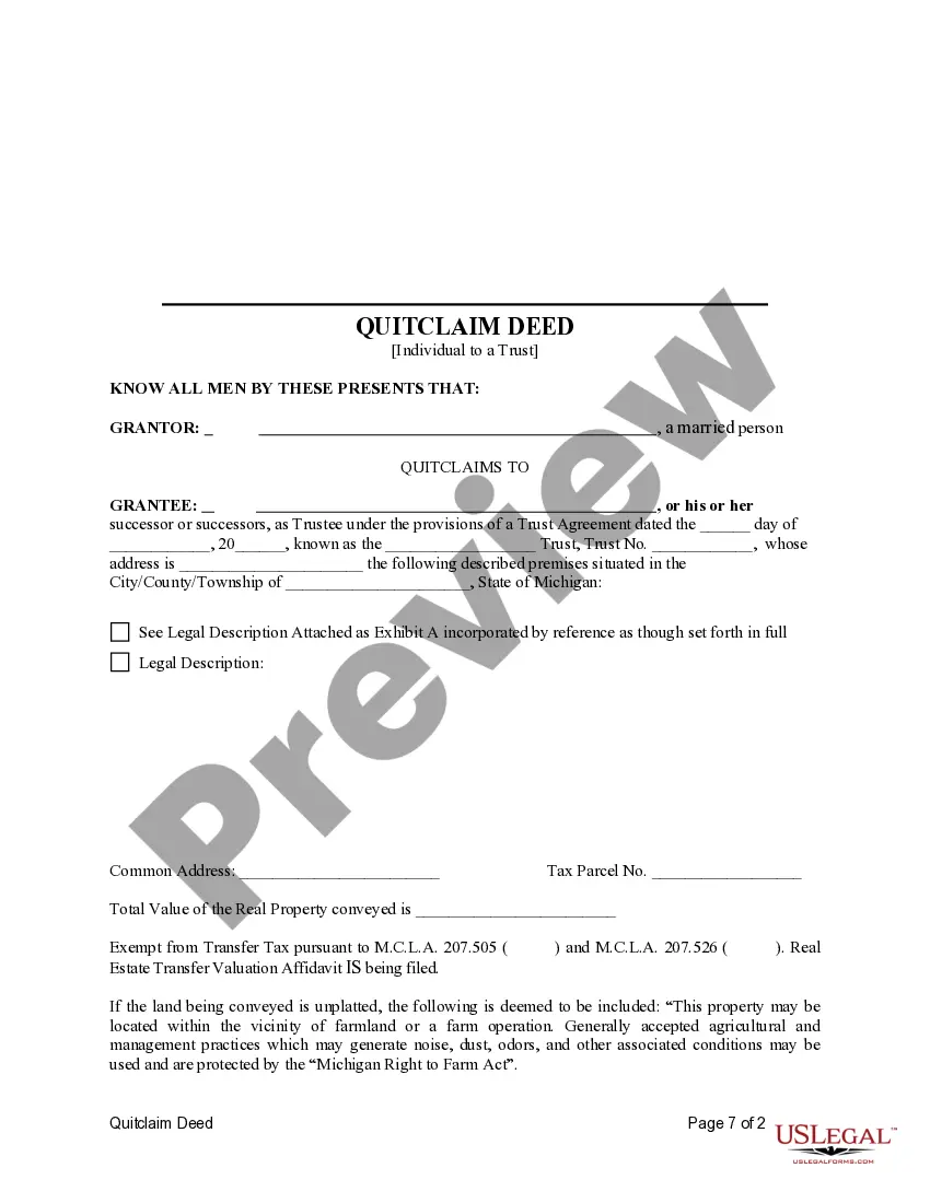 Preview Quitclaim Deed from an Individual to a Trust