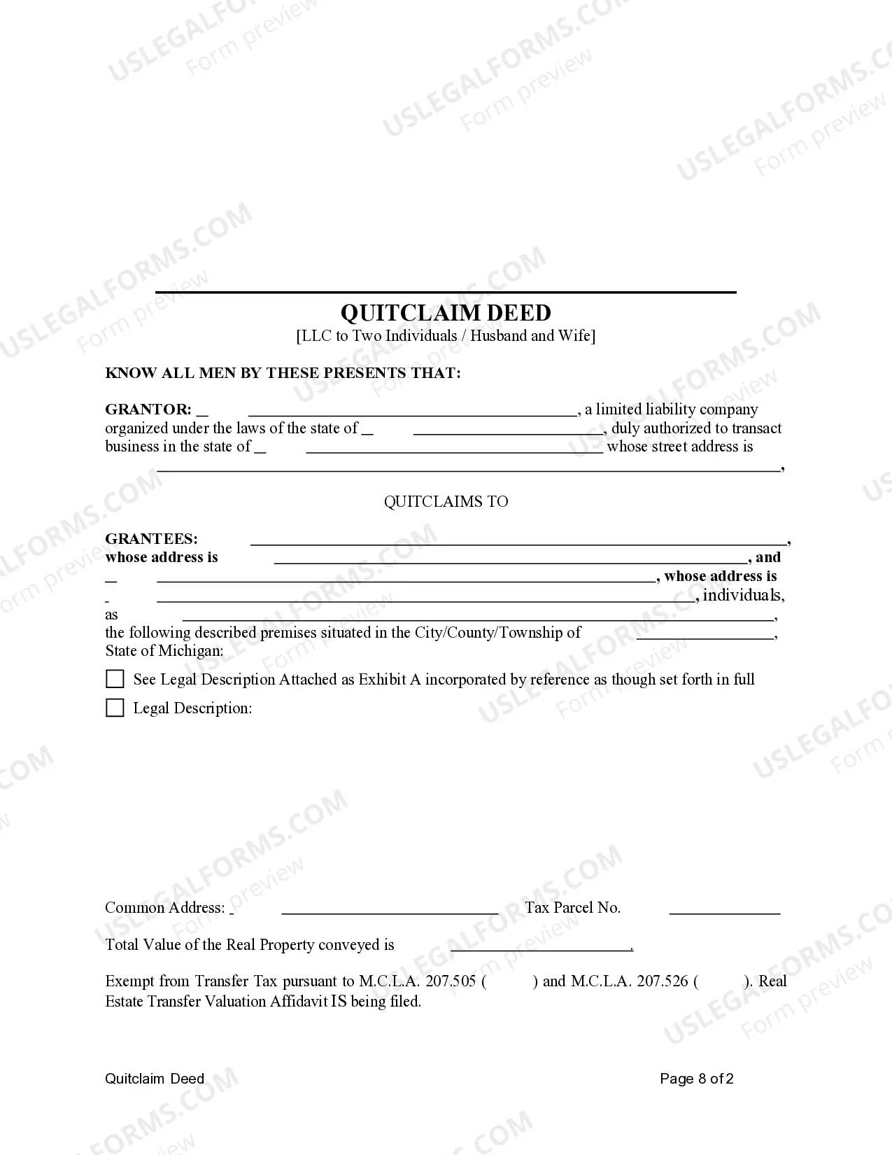 Preview Quitclaim Deed from Limited Liability Company to Two Individuals / Husband and Wife
