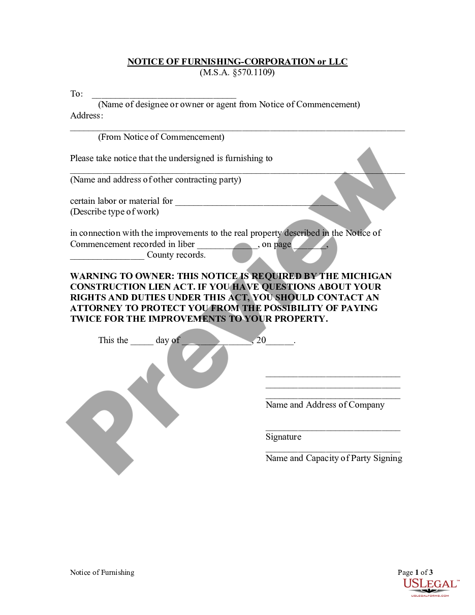 page 0 Notice of Furnishing - Corporation or LLC preview