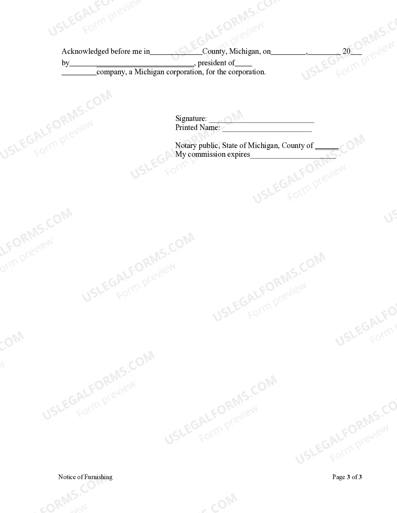 Preview Notice of Furnishing - Corporation or LLC