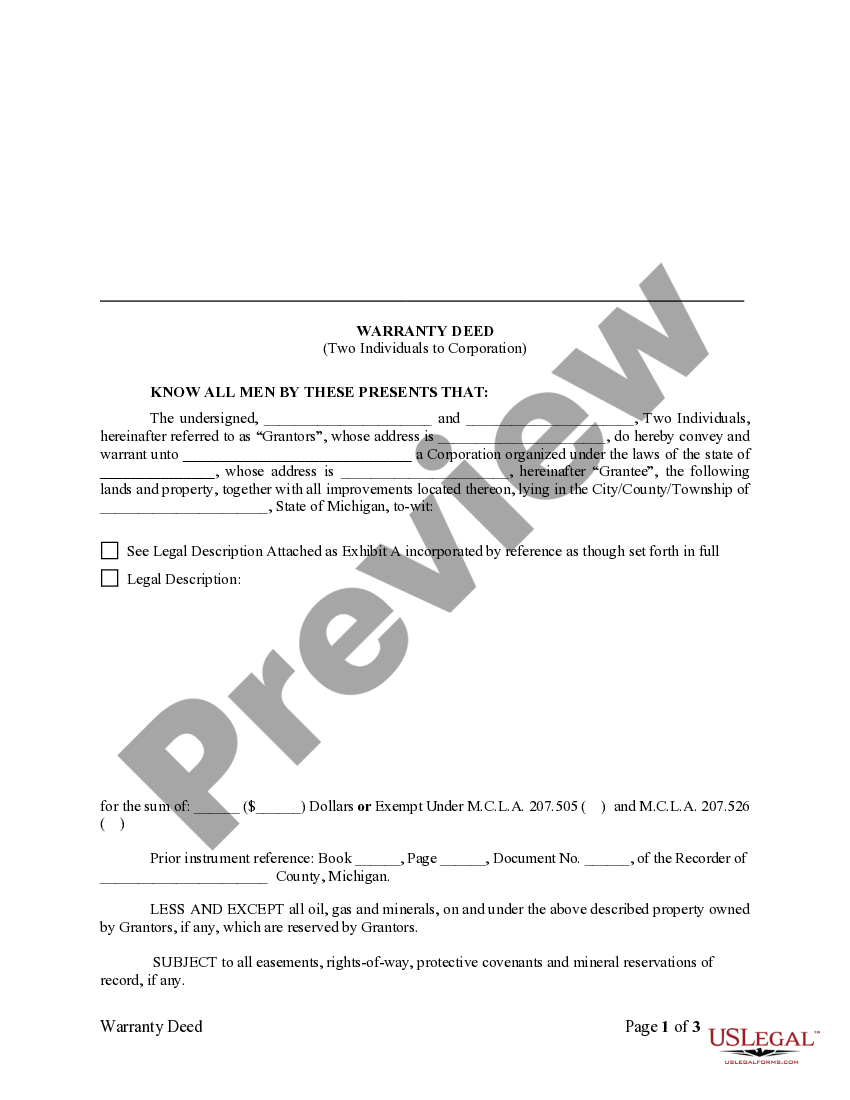 Michigan Warranty Deed from two Individuals to Corporation US Legal Forms