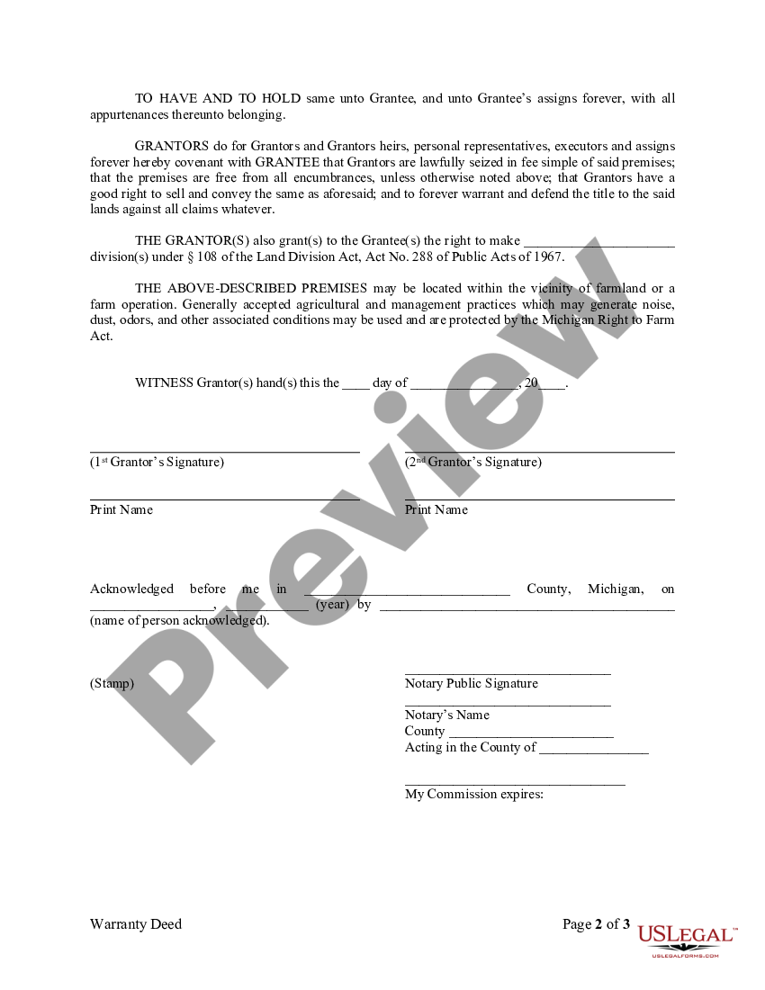 Michigan Warranty Deed from two Individuals to Corporation | US Legal Forms