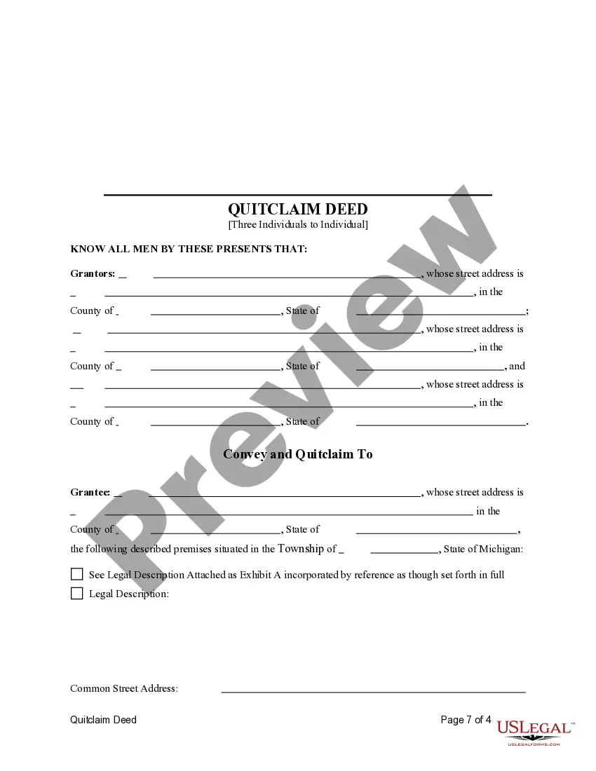 Preview Quitclaim Deed from three Individuals to an Individual