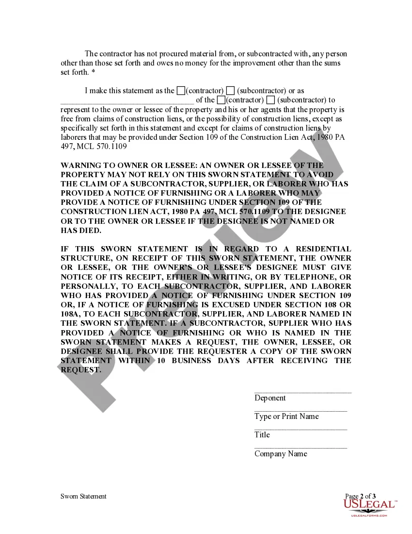 Get Sworn Statement - Corporation or LLC Preview Sworn Statement - Corporation or LLC