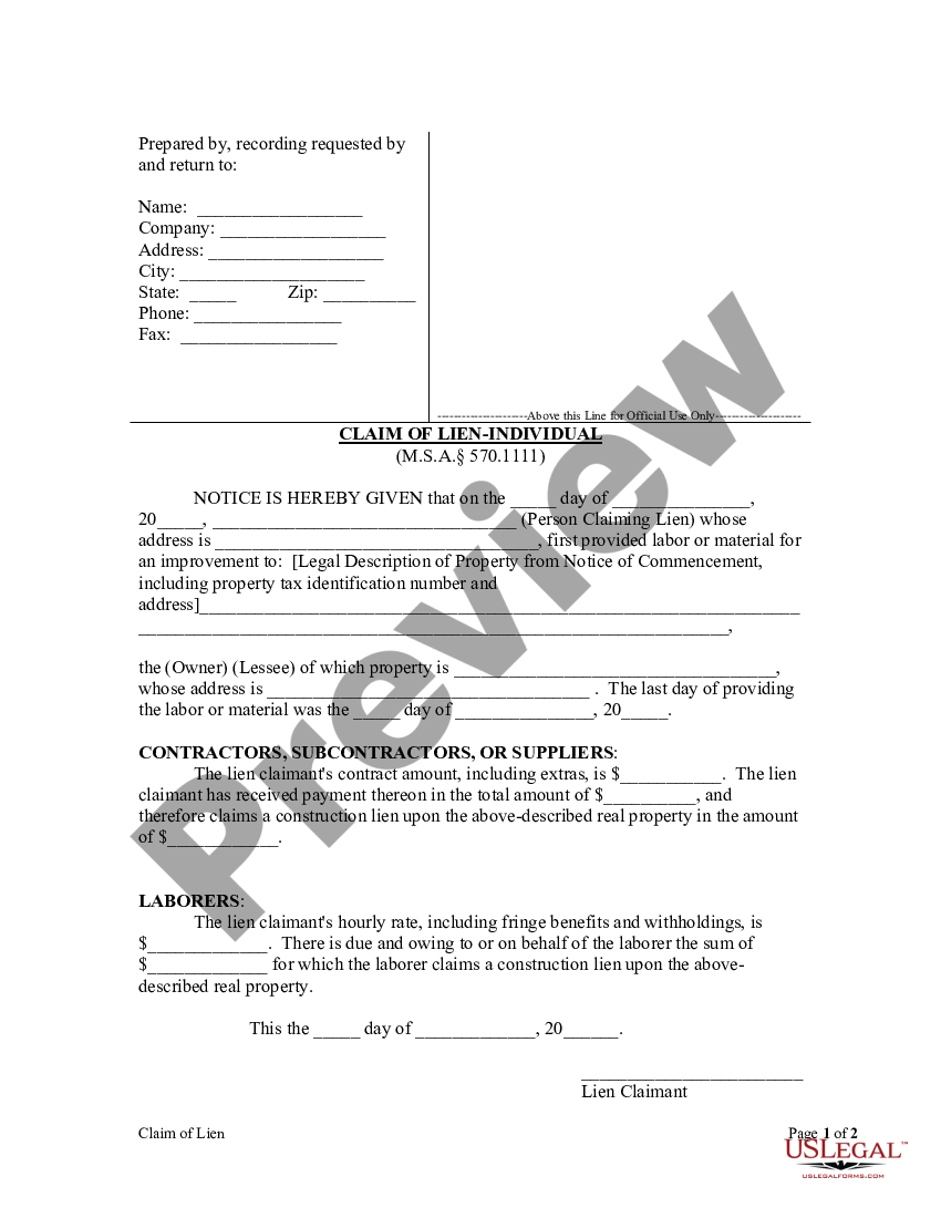 Michigan Claim Of Lien By Individual Us Legal Forms 1170