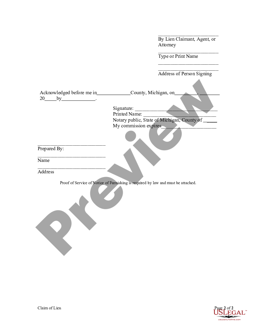 Lansing Michigan Claim Of Lien By Individual Michigan Claim Of Lien Form Us Legal Forms 3920