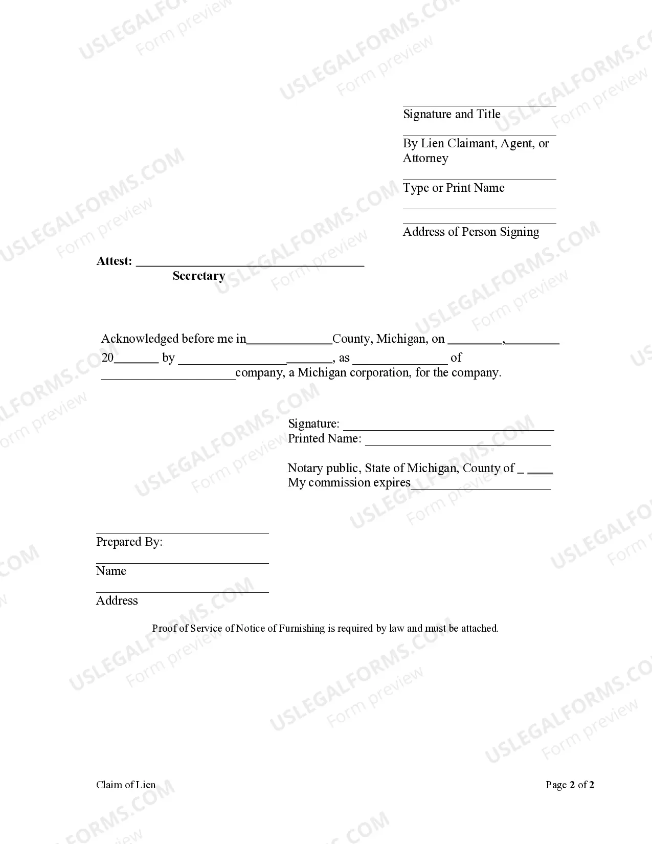 Preview Claim of Lien - Corporation or LLC