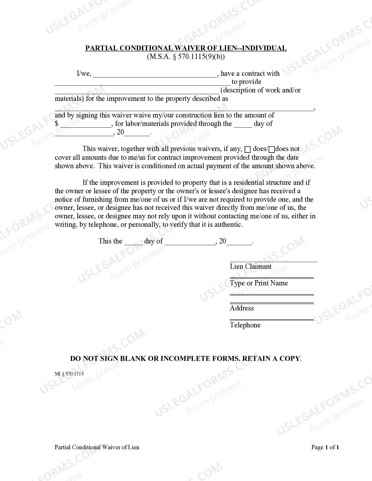 Michigan Partial Unconditional Waiver Form US Legal Forms