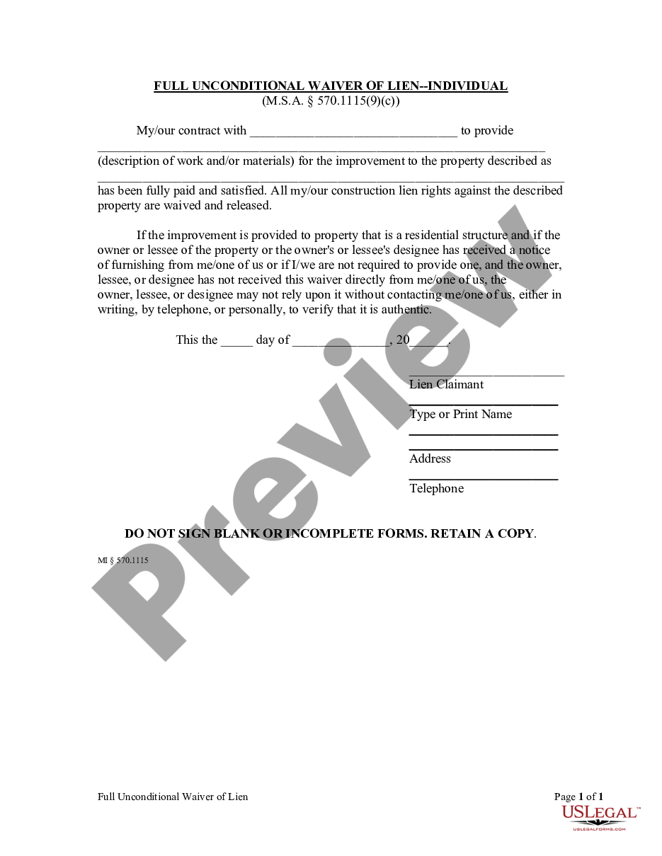 Michigan Full Unconditional Waiver And Release Of Lien By Contractor Release Of Lien Form 5305