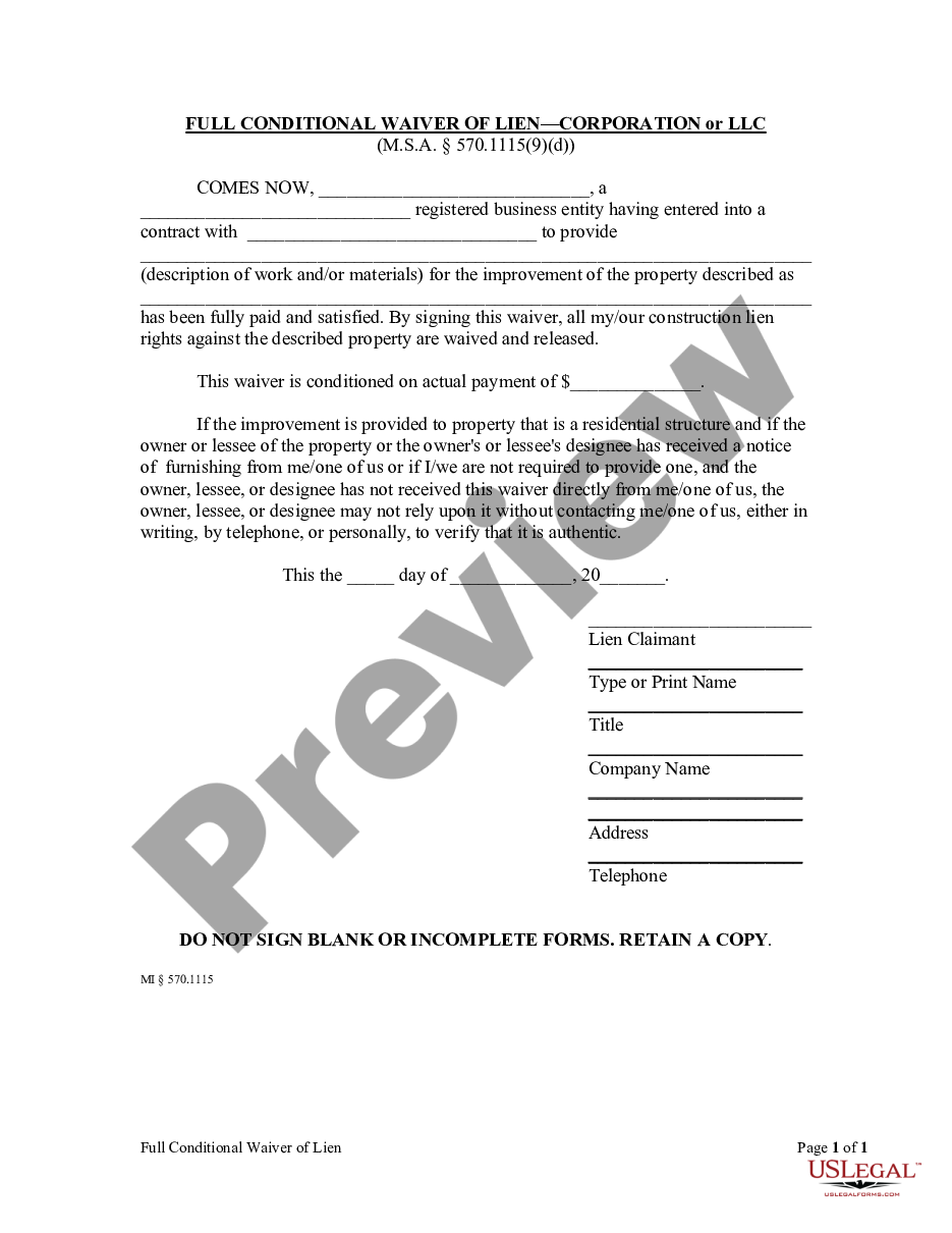 Michigan Full Conditional Waiver And Release Of Lien By Contractor Full Conditional Waiver 1492