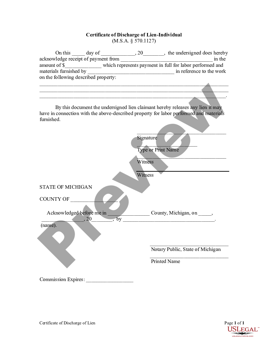 Michigan Lien Release Form Us Legal Forms 1708