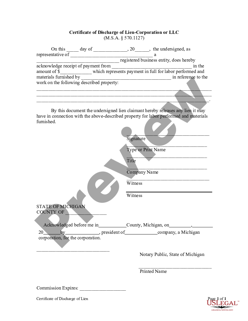 Grand Rapids Michigan Certificate of Discharge of Lien - Discharge Form ...