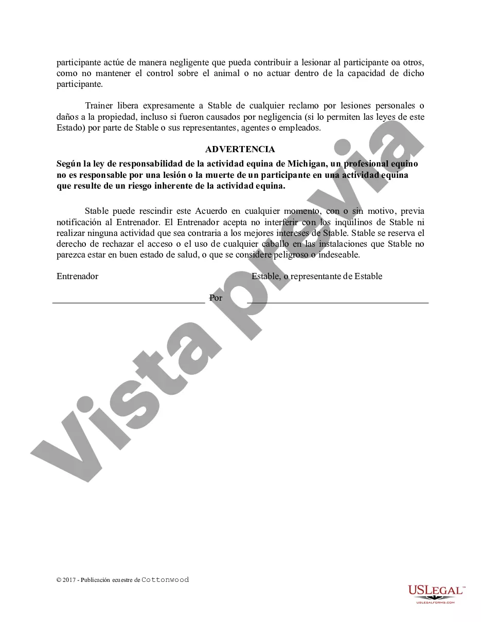 Preview Acuerdo de uso de las instalaciones del entrenador - Formularios equinos de caballos