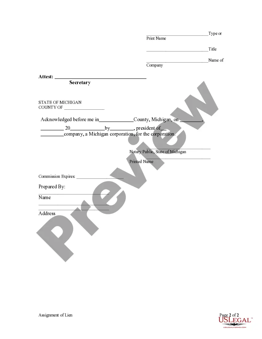 Preview Assignment of Lien - Corporation